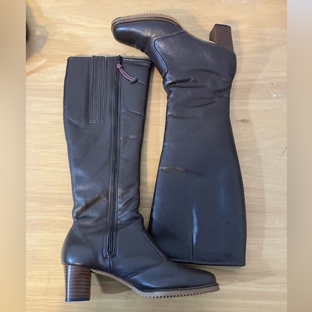Vintage Leather Boots Knee High Chocolate Brown Full Zip Sherpa Lined Like New